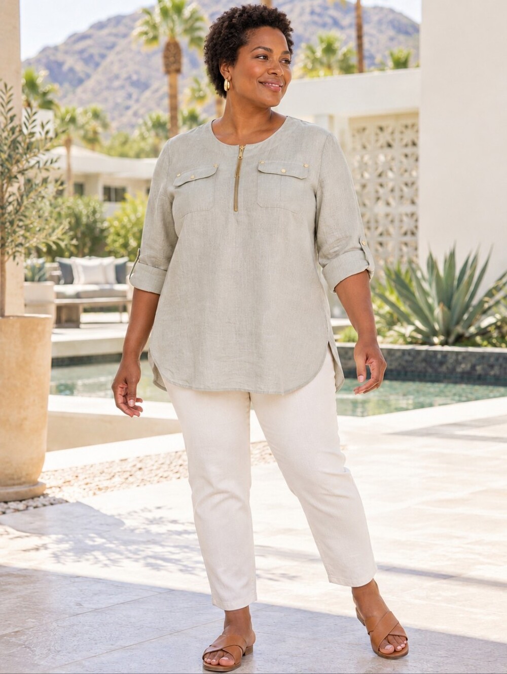 Ellen Tracy NWT 100% Linen Utility Tunic Gold Zip Sandstone 1X